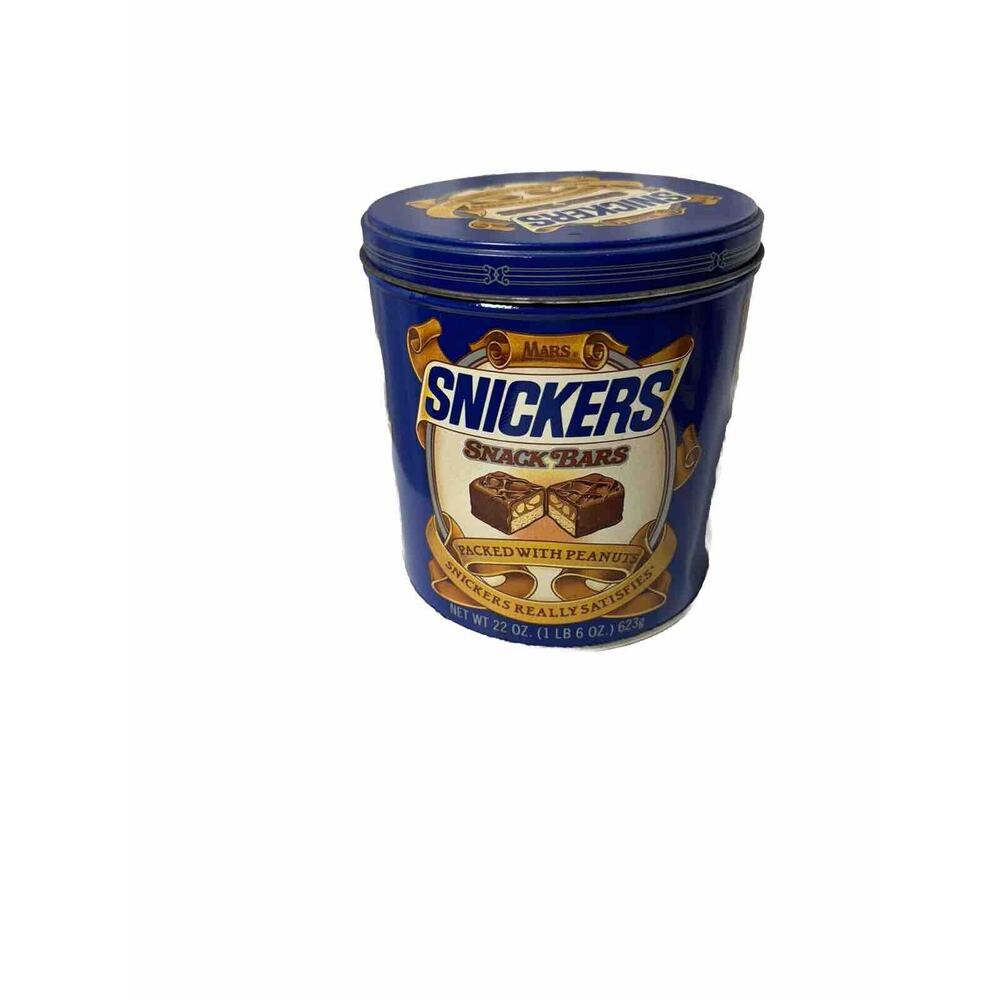 Vintage Snickers Snack Bars Mars Metal 1984 Tin Can Canisters Lid 6" Tall x 5.5"